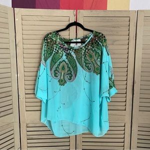 Brand-less Women’s XL Blue and Green See-through Paisley Blouse w/ Floral design
